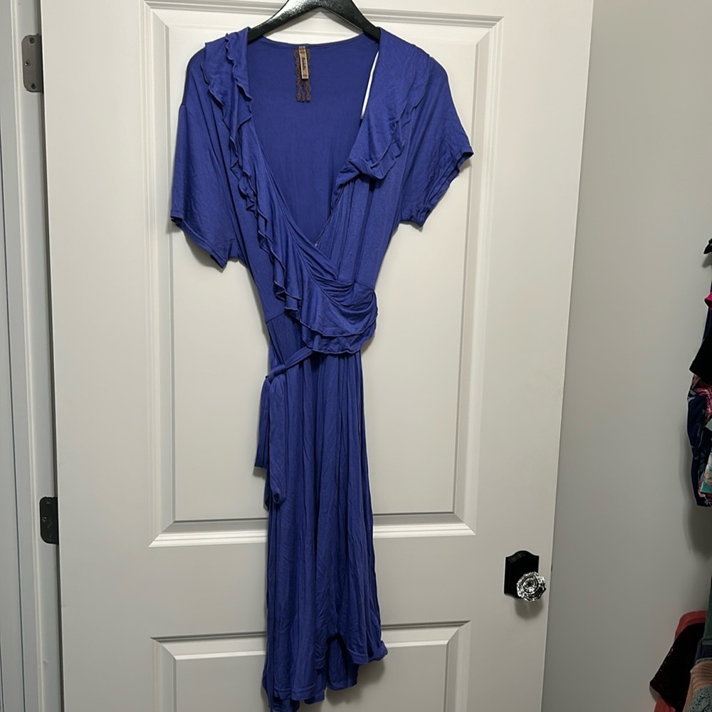 Cobalt wrap dress with ruffle on the front